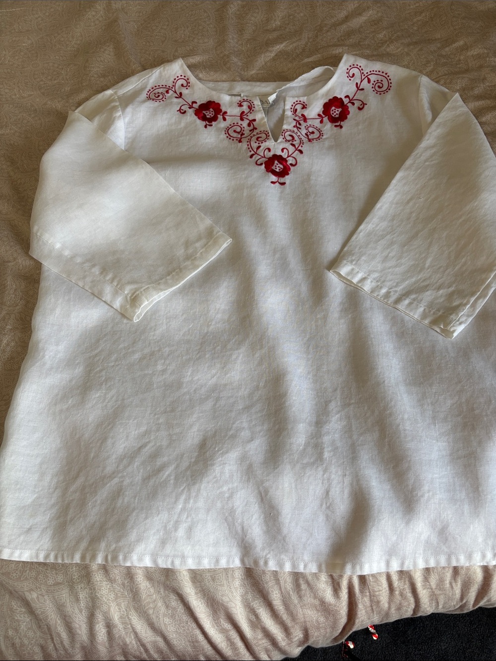 Jordan  White Linen Tunic Top with Red Embroidery